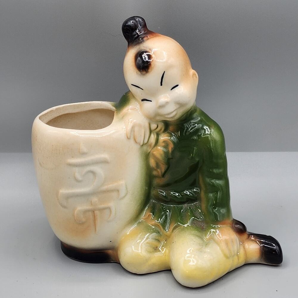 Vintage Asian Boy Royal Copley Oriental Ceramic Pottery Planter Figurine FLAWS